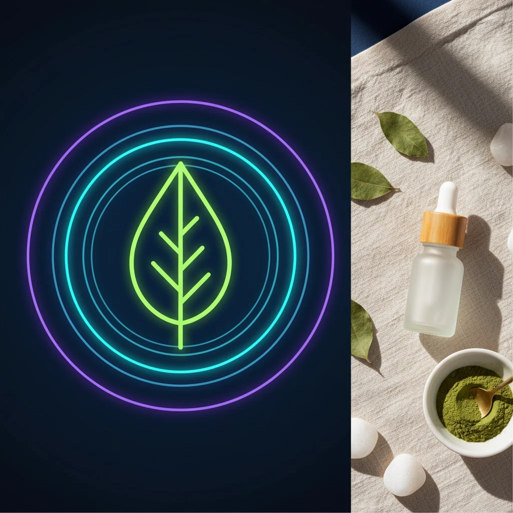 Abstract digital illustration of a glowing botanical leaf motif surrounded by soft energy rings in teal and purple on a deep navy background